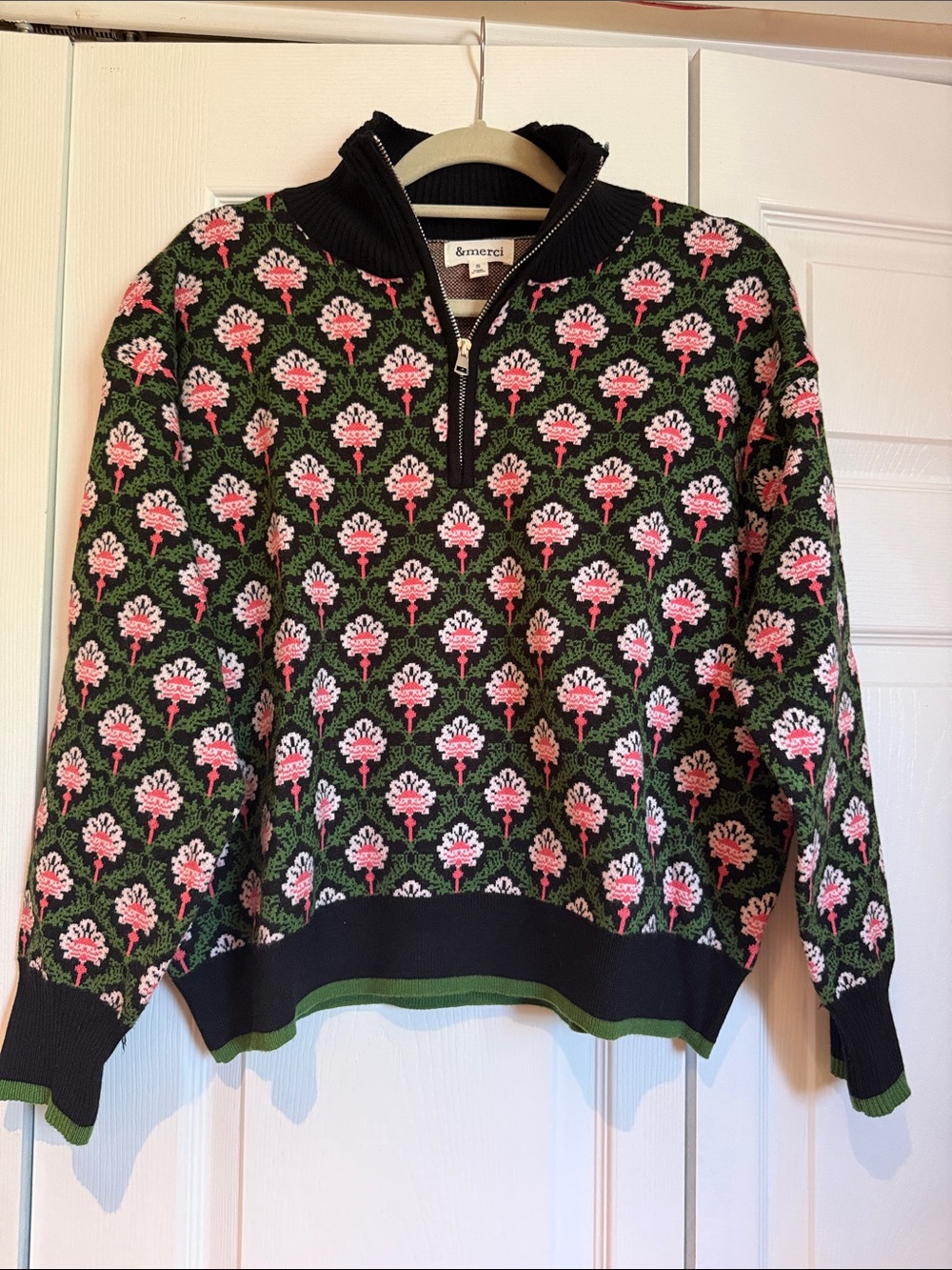 &merci Women's black, green and Pink Floral Half-Zip V-Neck Sweater